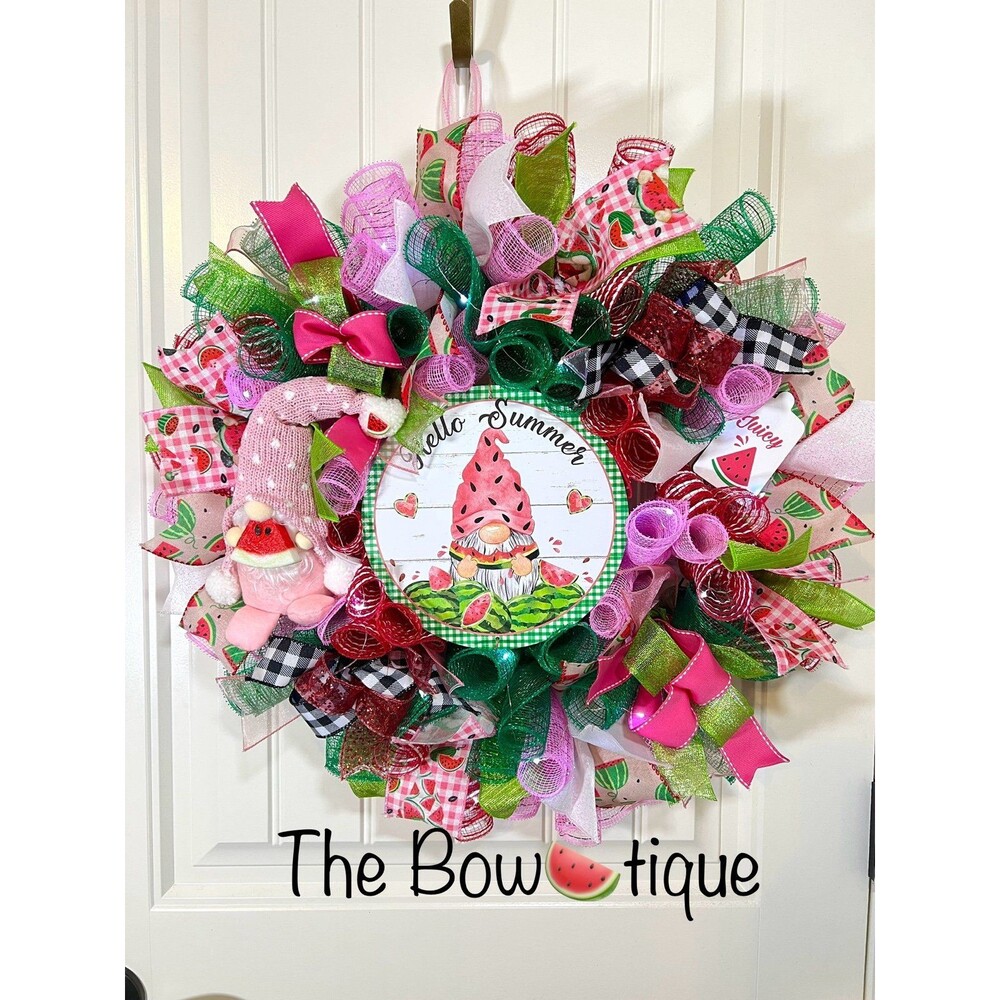 Handmade Summer Watermelon Gnome Prelit Ribbon Wreath 22 in LED W12